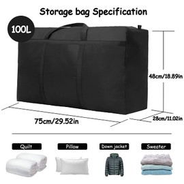 2 Pcs 100L Large Storage Bags Waterproof Heavy Duty 600D Oxford Moving Bags, Organizer Bags Ideal For Bedding, Duvets, Pillows, Laundry,Clothes or Moving home(75x48x28 CM）