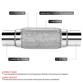 DNA MOTORING Exhaust Flex Pipe, 2.5" x 8" x 12" Stainless Steel Double Braid Heavy Duty Exhaust Flexible Tube, Universal type Muffler Pipe, FXP-25-8-12