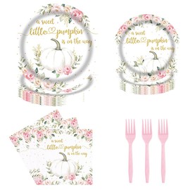 Fall White Pumpkin Baby Shower Party Tableware Set 96 Pcs A Sweet Little Pumpkin is On The Way Pink Floral White Pumpkin Fall Autumn Disposable Plates Napkins Forks Decorations Serve 24 Guests