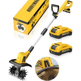 Alloyman 20V Cordless Tiller Cultivator, 360RPM Electric Garden Tiller, with 2 * 2.0Ah Batteries & Charger, 9In Tilling Width and 6.6In Depth Garden Rototiller for Lawn/Gardening/Soil Cultivation