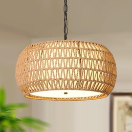 Munbea Farmhouse Chandelier Lighting, 5 Lights Rattan Chandelier for Dining Room Ceiling, Rustic Chandeliers for Kitchen Island,Boho Hand Woven Pendant Light Fixtures.