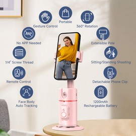 Extensible Trípode de Seguimiento automático de la Cara, Seguimiento Inteligente y Control de Gestos, Soporte para Selfie con Rotación de 360°, sin App para Video, transmisión de Video en Vivo(rosa)