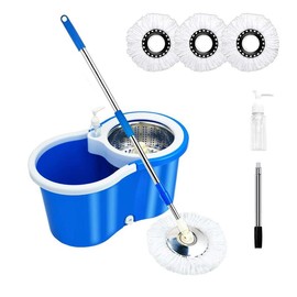Spin Mop and Bucket with Wringer Set, 360° Spinning Mop Bucket System, 3 Microfiber Mop Replacement Heads, 61" Stainless Steel Adjustable Handle Black:_Blue