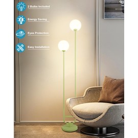 Lightdot 63IN Globe Floor Lamp with Green U Pole, Modern Mid Century Standing Lamps with 2 Globe Warm White 3000K Bulbs Included, Unique Vintage Tall Floor Lamp for Lving Room