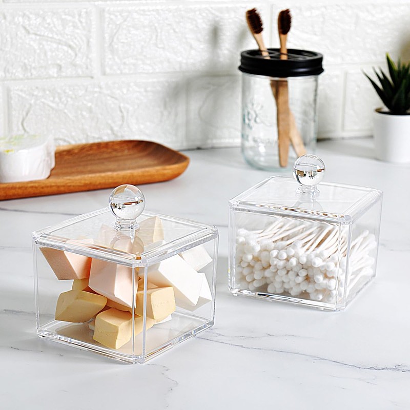 SheeChung Modern Square Acrylic Qtip Holder - Clear Apothecary Jar