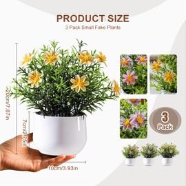 Yarmare 3 Pack Small Fake Plants Artificial Potted Flowers for Indoor Mini Faux Plants with Flowers Greenery for Home Decor Living Room Bathroom Bedroom Office Table Shelf (Pink+Yellow+Purple)