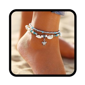 Zoestar Boho Turquoise Anklet Silver Turtle Anklet Shell Beads Anklet Jewellery for Women and Girls, Metal