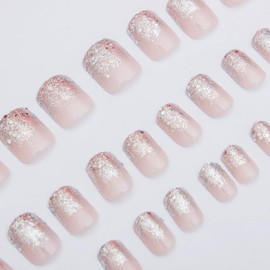24Pcs Pink Press on Nails Short Square False Nails Silver Bling Gradient French Tip Fake Nails Ombre Full Cover Glossy Glue on Nails Nude Glitter Artificial Stick on Nails Kit for Women Manicure Decor