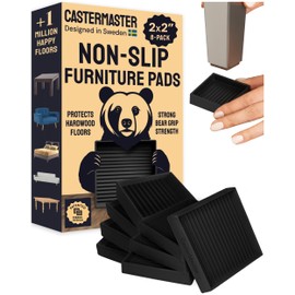 CasterMaster Non-Slip Rubber Furniture Pads - 2x2in Pack of 8 Black - Floor Scratch Protector - Anti-Skid Design & Keep Furniture from Sliding - Caster Cups & Rubber Feet