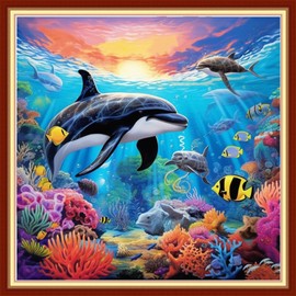 DMCVIVR Stamped Cross Stitch Kits for Beginners Adults Needlepoint Kits for Beginners Embroidery Kits for Adults Crossstitch Kit for Beginners 11CT-Underwater World Dolphins 18x18 inchs