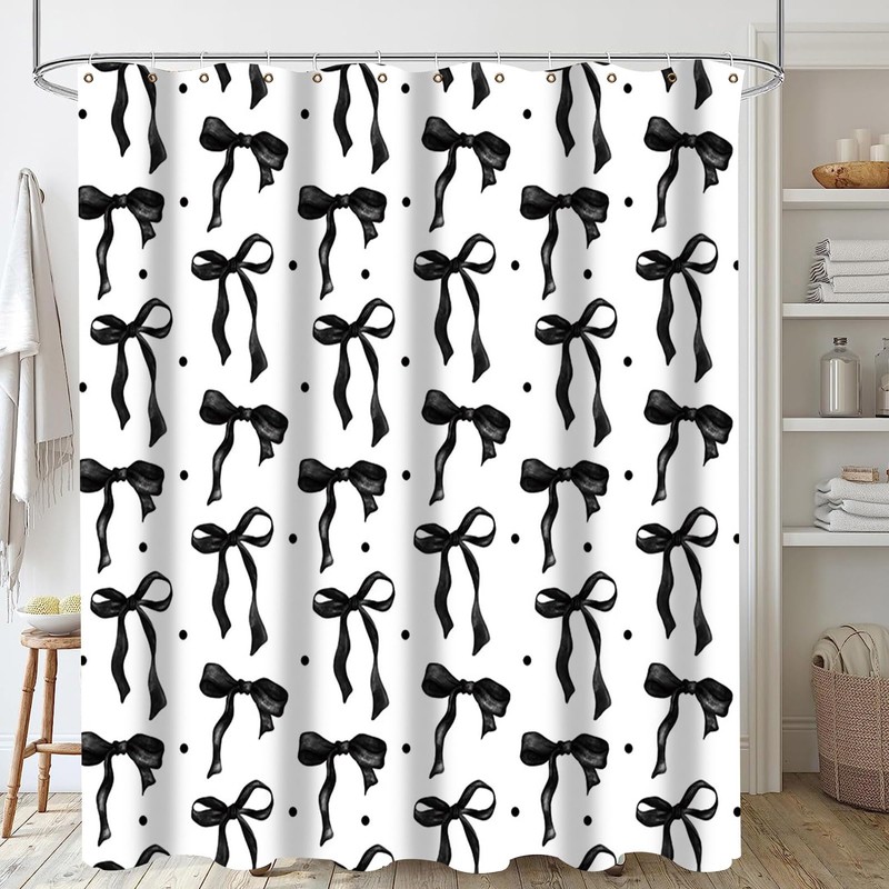 Cute Shower Curtain Fancy Black Bow Fabric Bowknot Shower Curtains