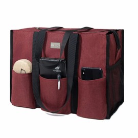 TOPDesign Utility Water Resistant Tote Bag with 13 Exterior & Interior Pockets, Top Zipper Closure & Thick Bottom Support, for Working Women, Teachers, Nurses, Accountants (Dark Red)