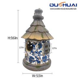 OUSHUAI Bird House for Outdoor with Pole Garden Decor Hanging Birdhouses Weatherproof BirdNest for Outside Bluebird, Finch, Wren, Chickadee, Wild Birds Big Size Resin White Bule