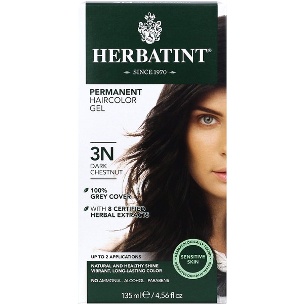 Herbatint Permanent Haircolor Gel, 3N Dark Chestnut, Alcohol Free, Vegan, 100% Grey Coverage - 4.56 oz