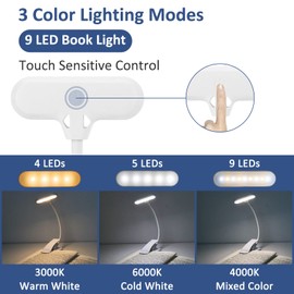 Caldarax Wei? Leselampe Buch Klemme, USB Wiederaufladbare Buchlampe mit 9 LEDs, 3 Farbtemperatur Modi(Warm/Khl/Natrlich), Stufenlose Helligkeit Klemmlampe, 1.8W, fr Nachtlesen ins Bett, Computer