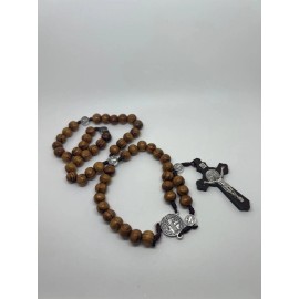 Light Brown Wooden Rosary with Saint St Benedict with Beautiful Rhodium Details