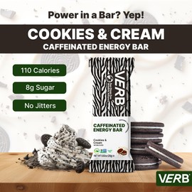 Verb Caffeinated Energy Bars Cookies & Cream (26g, Pack of 16) 110-Calorie Delicious Low Sugar Energy Bar - Vegan Gluten Free On-the Go Snack with 80mg Green Tea Caffeine, Only Real-Food Ingredients