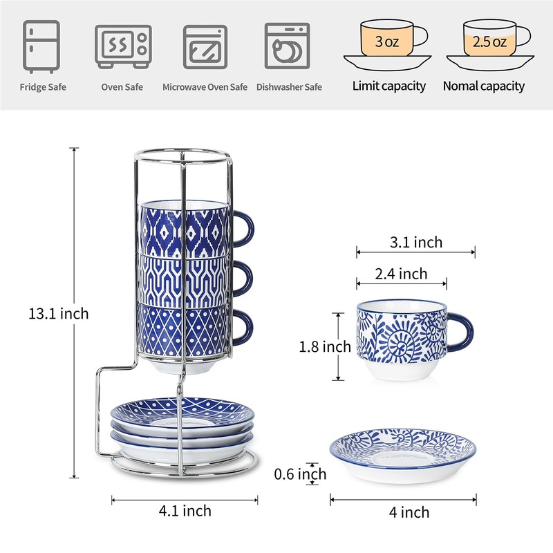 Selamica Ceramic Espresso Cups with Saucers and Metal Stand, 2.5