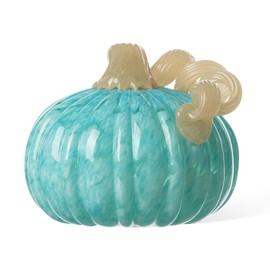 Glitzhome Fall Glass Pumpkin Decor Hand Blown Glass Pumpkin Table Top Home Decor for Fall Harvest & Thanksgiving Decorating, 5" H, Turquoise