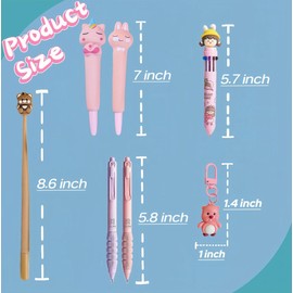 KUNHEHO 6pcs Kawaii Pens with 1 Cute Keychain Great gift for Girls Stress Relief Pen Cartoon Ballpoint Pen for Office Back to School Supplies Students Gift