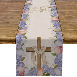 Rainlemon Linen He is Risen Table Runner Easter Egg Spring Jesus Ressurrection Cross Home Kitchen Dining Room Decoration (13" x 108")