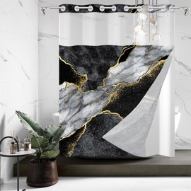 TYLCLTX No Hook Shower Curtain with Snap in Liner Black Gold Marble Liner Set Modern Contemporary Crack Ink Texture Double Layers Waterproof See-Through Top Window Bathroom Decorative 71x74inch