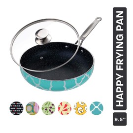 KITCHENLY Happy Frying Pan & Lid - Nonstick Pan, Deep Nonstick Frying Pan Stone Cookware - Oven, Electric, Gas, and Induction Compatible - 9.5 inch