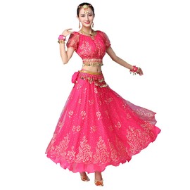 Grouptap Bollywood pink indian womens ladies fancy anarkali salwar kameez dress arabian princess belly dance skirt outfits costume (Pink, 150-170 cm, 45-70 kg)