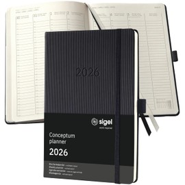 SIGEL C2619 Planning Book Weekly Planner Weekly Calendar 2026, Approx. A5, 1 Week = 2 Pages, 1 Column per Day, Black, Hard Cover, 192 Pages, Pen Loop, Archive Pocket, Conceptum