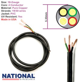 NATIONAL Wire&Cable - 18 Gauge 4 Conductors Premium Electrical Wire - Made in USA - 18 AWG Wire Stranded PVC Cord Copper Cable 25 Ft. Flexible Low Voltage LED Cable Lamps Lighting Automotive