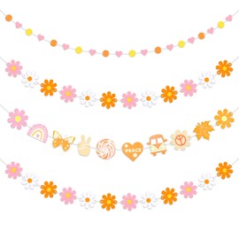 Qpout 4 Pieces Felt Groovy Party Decoration Set Includes Groovy Hippie Boho Banner Groovy Boho Daisy Garland Round and Heart Garland for Wall Window Home Daisy Party Decorations