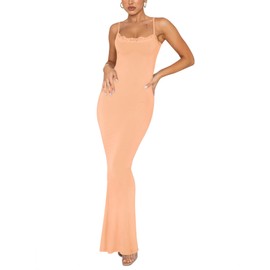 REORIA Women's Summer Casual Lace Slip Soft Lounge Long Dress Sexy Elegant Formal Backless Ribbed Bodycon Maxi Dresses Peach Fuzz Medium