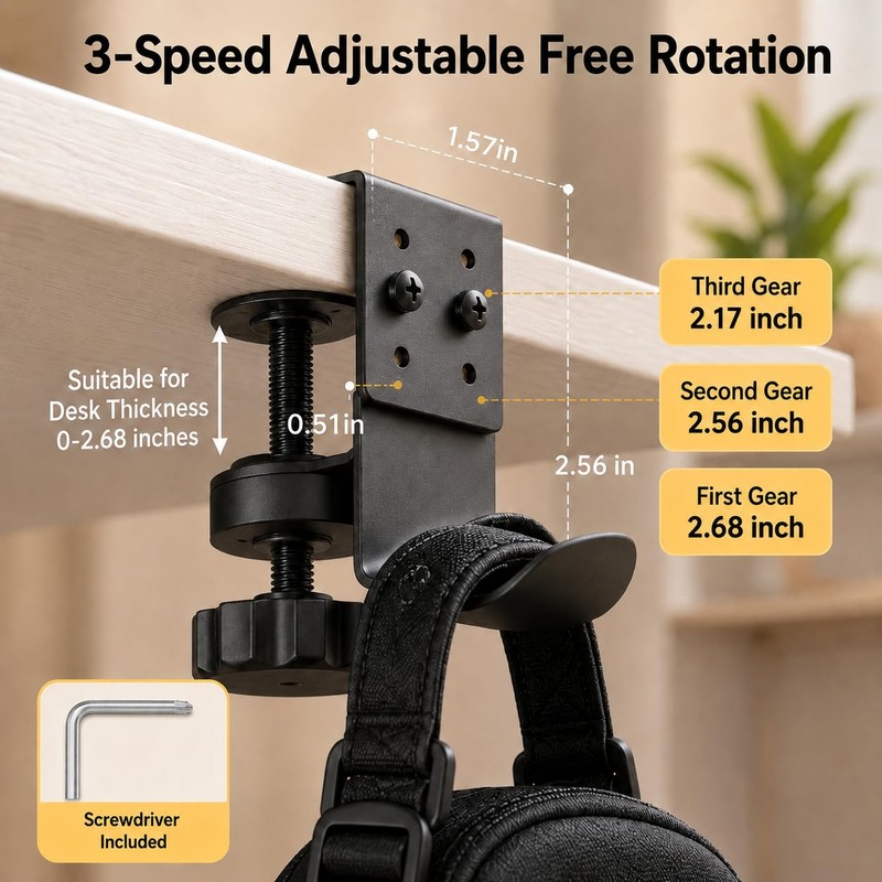 Clamp-On Desk Hook, 360° Rotating Purse and Backpack Hanger