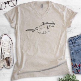 EVERTREE CLOTHING Nailed It Hammerhead Shark V-Neck T-Shirt, Unisex Women's Men's, Funny Shark Shirt, Shark Tee Funny Shark, Light Silk Gray, Small