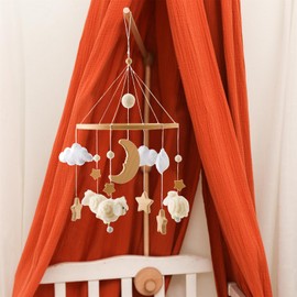 Herfair Mobile Baby Bed Bell with Stars Moon Sheep Wood Girls Hanging Mobile Wind Chime for Baby Cot Bed (Beige)