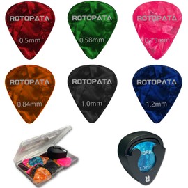 Guitar Picks Plectrums with Picks Holder and Storage Box 0.5 0.58 0.75 0.84 1.0 1.2 mm Includes Thin Medium Heavy Thickness, Variety Colorful Celluloid for Bass Electric Acoustic Guitars Ukulele (24)