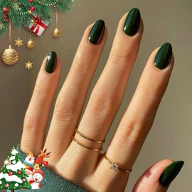KQueenest Upgrade Thick Acrylic Press on Nails Short Oval, Christmas Dark Green Nails Press on, Dark Color Oval Fake Nails for Women Mani, Natural Fit Short Almond Glue on Nails Short Round in 24 Pcs