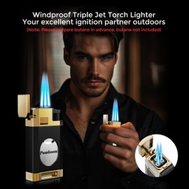 Triple Jet Torch Lighter with Guillotine Cutter, Draw Enhancer Tool, Gifts for Men, Refillable Butane Lighter with Versatile Accessories, Windproof Lighter for Travel, Outdoors (Without Butane)