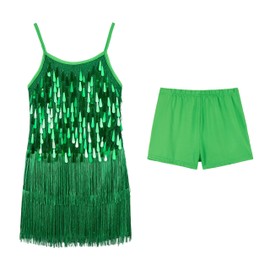 LOLANTA Girls Sequin Fringe Dance Costume, Kids Salsa Rumba Latin Dancing Clothes Set, Sparkling Sleeveless Tassel Dance Mini Dress with Shorts, Green, 10-11 Years, 150