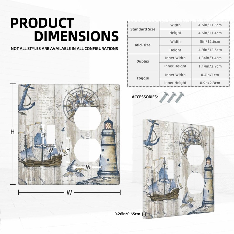 Xuejiaku Decorative Switch Cover Rustic Nautical Anchor Sailboat Compass Lighthouse