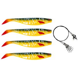 PetrisCatch Set of 4 Perch Rubber Fish + 4 Steel Leaders, 15 cm, UV Active