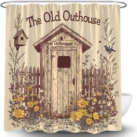 QSSMQS Outhouse Shower Curtain Old House Backhouse Spring Garden Floral Flower Bird Vintage Rustic Farmhouse Wooden Fence Fabric Curtain with Hook