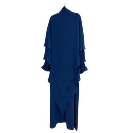 Women Prayer Dress Muslim Ramadan Garment Abaya Dubai Islam 2 Piece Set Layered Khimar Scarf Hijab and Long Dress Dark Blue