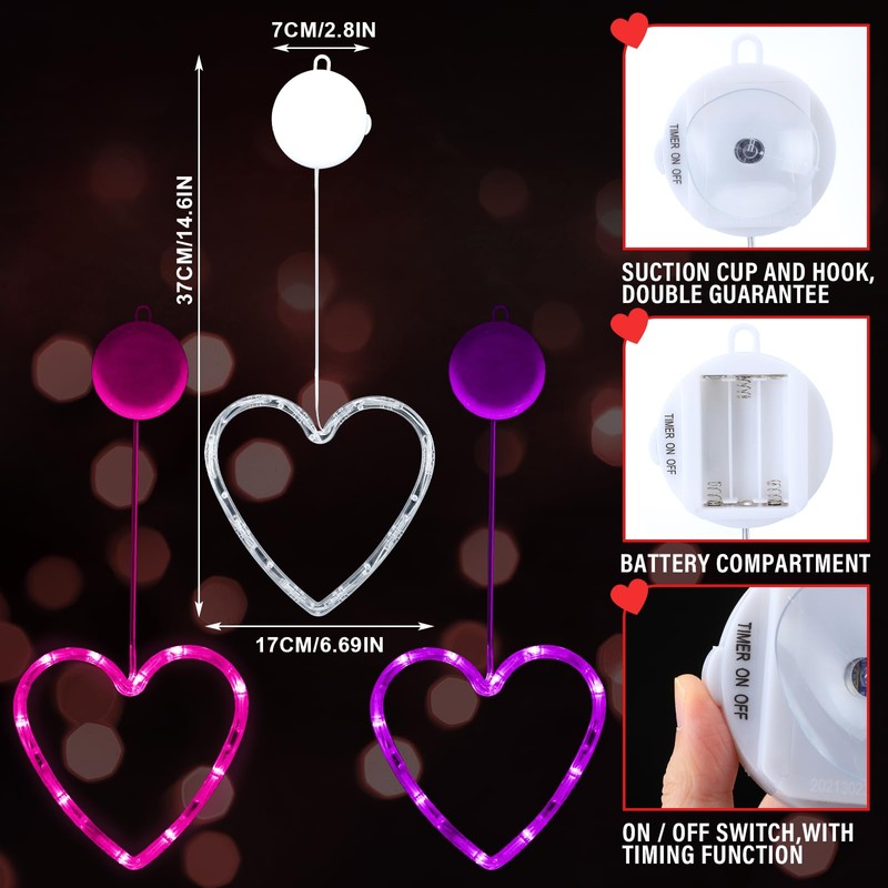 Baquler 5 Pcs Timed Window Lights Hanging Red Heart Lights