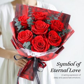 7 Roses Bouquet with Vase, Forever Bouquet Flowers, Eternal Preserved Real Rose, Gifts for Woman Wife Girlfriend, Gifts for her on Birthday, Anniversary, Valentine's Day, Mother's Day, Christmas（Red)