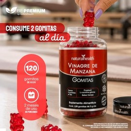 Natural Health Vinagre de Manzana en Gomitas  Sin Azúcar, Sin Gluten y Sin GMO  con Calcio y Potasio Sabor Cereza  120 Gomitas de 3g (Suministro para