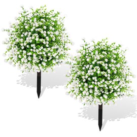 ENVEN Artificial Boxwood Topiary Ball Trees with Ground Spikes UV Resistant Faux Greenery Shrubs Fake Shrubs for Outdoors, Realistic Faux Plants Bushes for Garden Porch Yard Patio Decor (White Green)