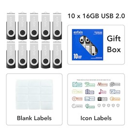 Enfain Memoria Flash USB 2.0 de 16 GB, Unidad giratoria para Pulgar a Granel, Paquete de 10 Unidades, Color Negro, Almacenamiento de Datos portátil para Fines universales en el hogar y la Oficina