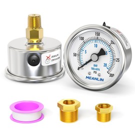 MEANLIN MEASURE 0~300Psi Dry Pressure Gauge Stainless Steel 1/4" NPT 2" FACE DIAL Waterproof for Air Compressor Air Regulator Water Filter Center Back Mount, with 1/2" NPT and 3/8" NPT Hex Bushing