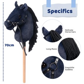 BEJOY Steckenpferd Spielzeug Pferd, Hobby Horse Rein Holzpferd Plüschpferd zum Reiten für Kinder mit Halfter und Trense, Simulierte Pferdewimpern, Tiefblau